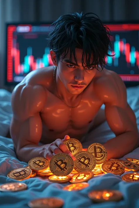 Sexy naked muscular anime boy masturbating on a bed full of BitCoins while looking at a screen with millionaire and financial statistics on his computer