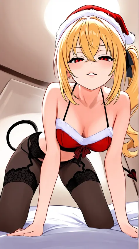 long hair, side ponytail, blonde hair, red eyes, jewelry,ribbon_body,santa hat,

, score_8_up, score_7_up, source_anime, expressiveh, 1girl, hair between eyes, half-closed eyes,put_hand_forward, ((seductive face)),character focus, looking at viewer,brothel...