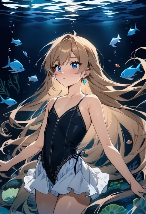 (masterpiece),(absurdres),(anime)、(solo lady),(23-year-old),(dark blonde hair:1.2),(straight long hair:1.1),(()),shiny blue eyes,(()),(flat chest),Floating in the deepsea,depth,(Underwater background with lots of marine life:1.2)、