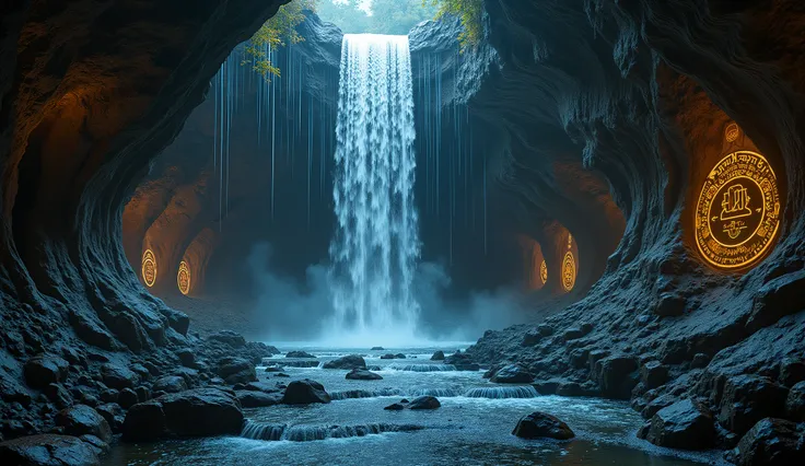 "A mystical cave with a divine formation resembling Lord Shiva’s black matted hair, flowing like a majestic waterfall. The cascading water streams down from the hair, glowing faintly as it lights up the cave. The matted locks have intricate natural pattern...