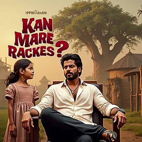 "A highly detailed and ultra-realistic movie poster featuring a charismatic Indian man in his mid-30s sitting confidently on a rustic wooden chair in a traditional rural Indian setting. The man is dressed in slightly rugged yet stylish attire, wearing a ku...