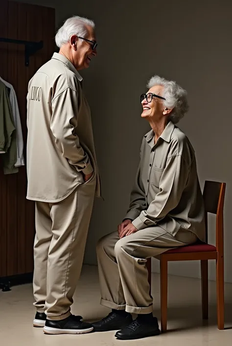 one grandfather and grand mother come to the mens wear shope.shope name is "Loop_Wear"the grandfather and grandmother shirt back side must very cleared mention this name .the grandfather and grandmother is very happy.the grandfather dress is baggy pant,ove...