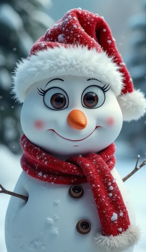 Close-up of a mimic snowman with big eyes , wearing a Santa Claus hat ,  in a red scarf with a white edge against the background of fluffy winter trees 