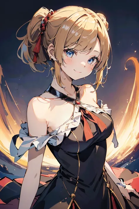 最 High Quality 、 highest image quality taken by Ki、​masterpiece、With a girl((18 years old、Black and red dress、 best bust 、、Blonde、poneyTail、silverblue Eyes 、 open their chest wide 、 On、 happy、smile、 Gold Accessory 、I&#39;m a little drunk、 wine glass、 sits ...