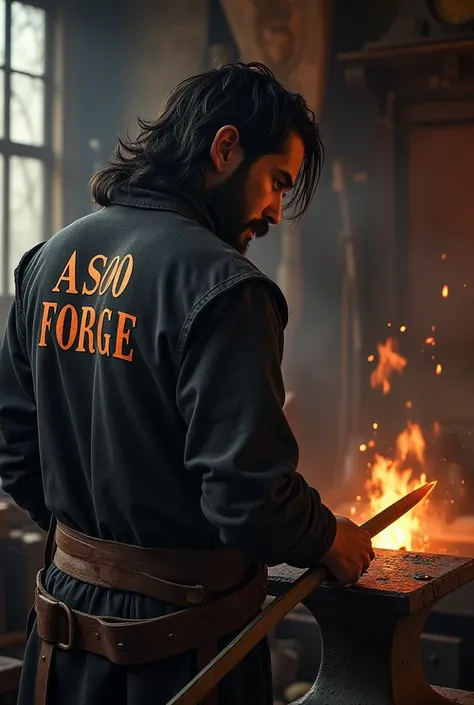 a man He has black hair, brown eyes and a black beard. He has medium-long hair. He is wearing a blacksmiths clothes. He is in his forge forging a sword on his anvil. On the back is written: ASOO FORGE