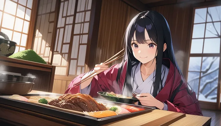 score_9,score_8_up,score_7_up,rating_safety,source_manga,masterpiece,best quality,hyper detailed,super fine illustration,8k,cinematic angle,BREAK 1girl,black hair,long hair,35yo,little smile,jacket,eating sukiyaki by chopstick,Kotatsu,sitting,BREAK inside,...