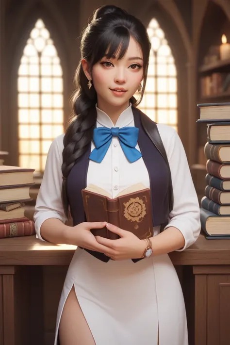  Cho stands gracefully with her magic wand and a resolute look in her eyes;  in the background you can see the Quidditch fields . She is described as a beautiful ,  Asian student ,  belonging to the Ravenclaw house at Hogwarts .  In the books she is often ...