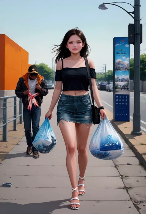 young woman, walking on city street, holding plastic bag, carrying bag BREAK, {+black hair, way hair, forehead}, BREAK, dark-gray rshort sleeves off-shoulder shirt (+exposed white singlet),  denim pencil mini skirt,  black and white sandals, BREAK, (1girl,...