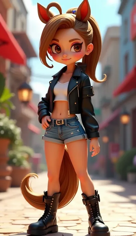 3D Pixar style. full body. A cute  wearing a white crop-top, short jean, black leather jacket, Black Knee-High Boots. Brown porny tail hair.