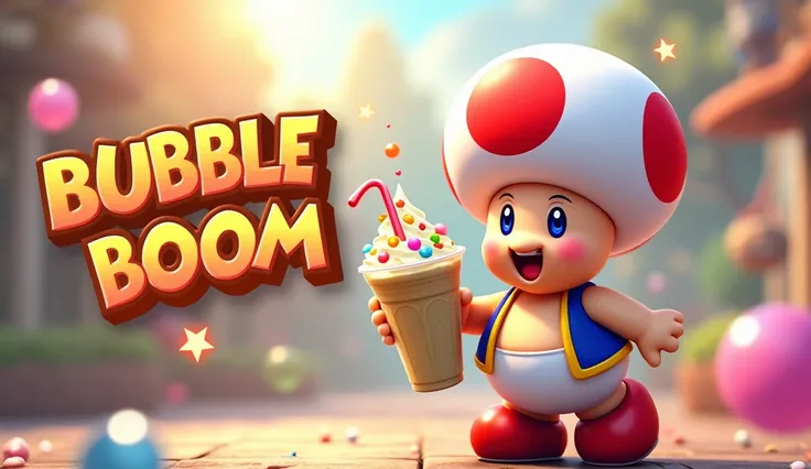 "A cheerful and colorful Toad the mario bros character holding a frappé with popping pearls in one hand. The frappé cup is detailed, vibrant, and fun. In the background, the words BUBBLE BOOM appear in bold, playful, and  colorful letters. The setting is b...