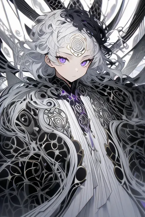 Make a Young Man With White Hair, long,  with a light fringe that falls on his forehead .  Who has bright purple eyes , with a circular design , indicating power .  A face with delicate and youthful features , with a neutral and serene expression,  wise an...