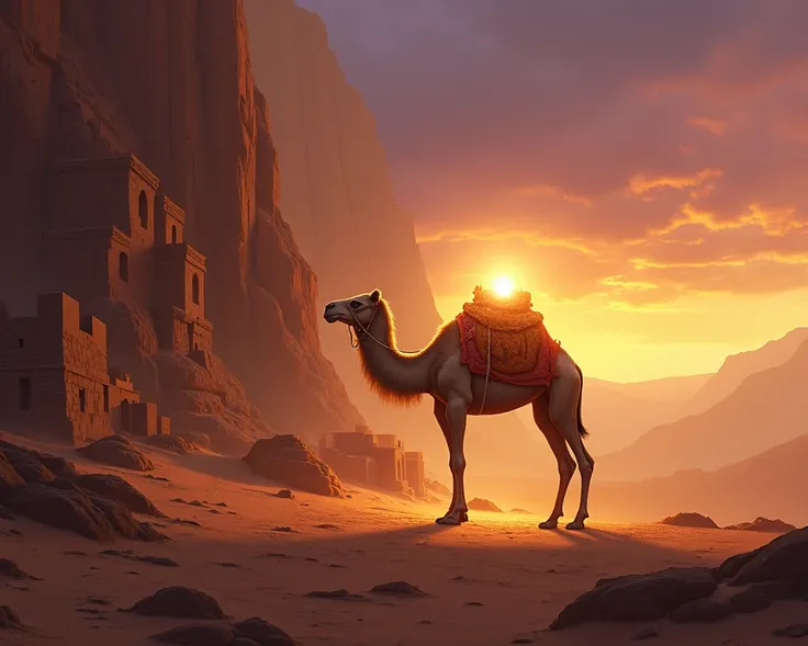 "A symbolic representation of Prophet Salih (AS): a majestic, glowing camel standing near a rugged rock formation in a vast desert landscape, symbolizing the miraculous she-camel sent as a sign to his people. The camel emits a gentle, divine light, emphasi...