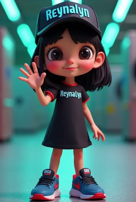 3D cartoon image of a teenager girl with below shoulder lenght black hair, wearing black dress with name "REynalyn" in front of her dress, wearing a  black cap with "REynalyn" in blue letters, and blue and red Nike sneakers. She is gently smiling, and she ...