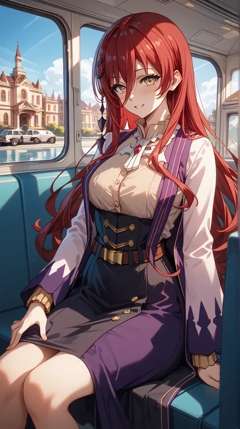 grimm grimoire, grimm grimoire from Sentouin, Hakenshimasu! , cm height cleavage, sexy body, perfect tits, hourglass figure, blush, woman with long red hair she is wearing a purple dress with a high neckline and long sleeves the dress has a ruffled hemline...