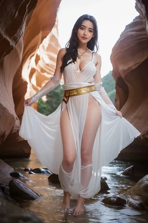 NSFW,  1 woman 、Shooting from directly behind, (Age 15:1.3), (white Greek mythology costume:1.5), (white roman mythology costume), The clothes are thin and transparent,   not wearing underwear, ( Loose Fit ), barefoot,  Full Body Esbian、 super detailed fac...