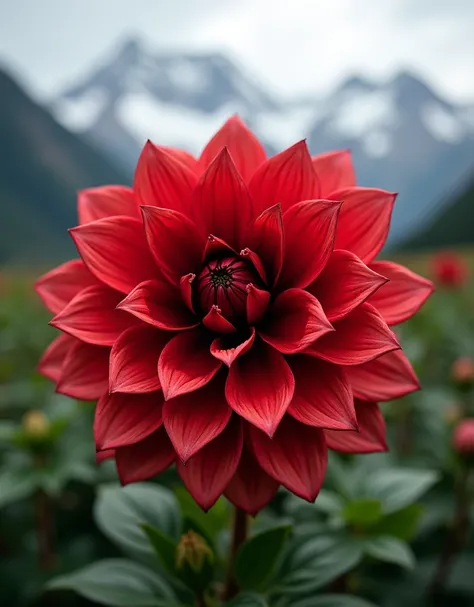 a photograph of a large red flower with multiple layers of petals. The flower is in the center of the image and is surrounded by green leaves. The petals are arranged in a symmetrical pattern, with the top layer being the largest and the bottom layer being...