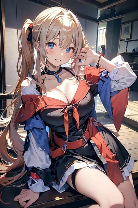 最 High Quality 、 highest image quality taken by Ki、​masterpiece、With a girl((18 years old、Black and red dress、 best bust 、、Blonde、poneyTail、silverblue Eyes 、 open their chest wide 、 On、 happy、smile、 Gold Accessory 、I&#39;m a little drunk、 wine glass、 sits ...