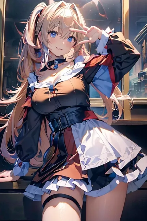 最 High Quality 、 highest image quality taken by Ki、​masterpiece、With a girl((18 years old、Black and red dress、 best bust 、、Blonde、poneyTail、silverblue Eyes 、 open their chest wide 、 On、 happy、smile、 Gold Accessory 、I&#39;m a little drunk、 wine glass、 sits ...