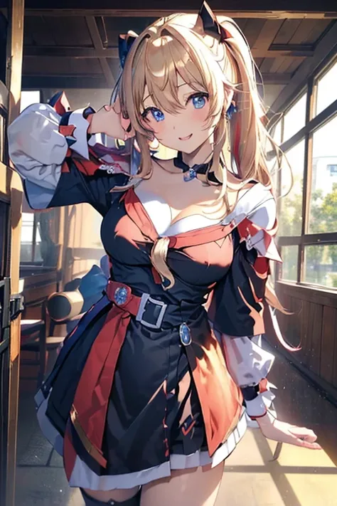 最 High Quality 、 highest image quality taken by Ki、​masterpiece、With a girl((18 years old、Black and red dress、 best bust 、、Blonde、poneyTail、silverblue Eyes 、 open their chest wide 、 On、 happy、smile、 Gold Accessory 、I&#39;m a little drunk、 wine glass、 sits ...