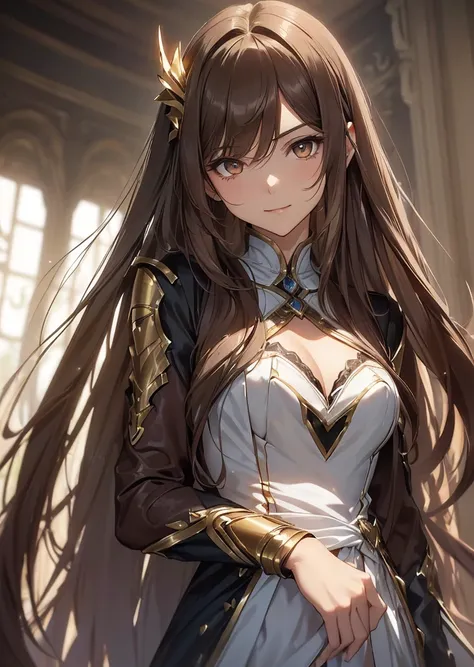 ( Alice,  a woman with long and silky brown hair , flowing down to the waist,  with light brown eyes that emanate a seductive look. His expression is confident and endearing,  with a slight smile on her lips .  She wears stylized armor that mixes technolog...