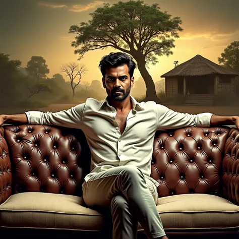 "A highly detailed and ultra-realistic movie poster featuring a charismatic Indian man in his mid-30s sitting confidently on a large, luxurious sofa in a traditional rural Indian setting. The man is dressed in a crisp white shirt, exuding a powerful and en...