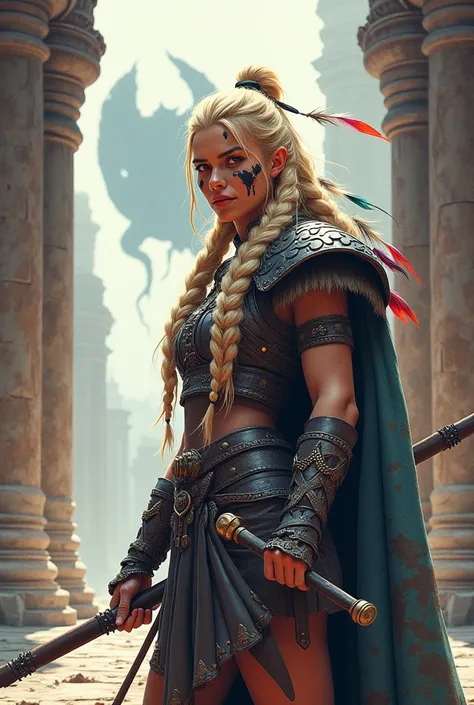 Color line drawing of a female Viking warrior with braids, war paint on her face, feathers in her long blonde braids, looking forward, giant dragon in the distance blurred background, in a temple, high contrast, low color palette, fantasy style. Details --...