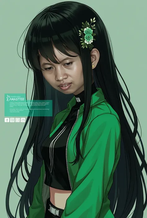 Create a black haired teenage girl with sweet hair ornament ,cool green and black outfit with sweets ,and a cell phone ,with system failure

