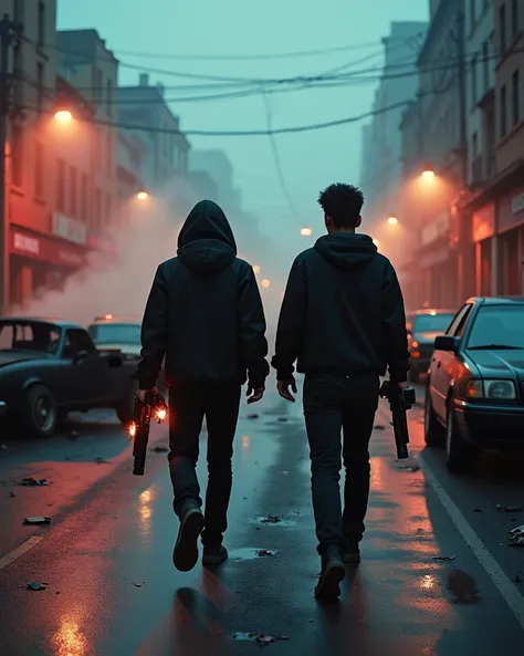  Realistic cinematic frame of :

    "A ruined main street ,  with overturned cars and an environment of faint smoke and neon . Two young Latinos , dressed in black,  walk through the chaos with laser tag guns burning in their hands."