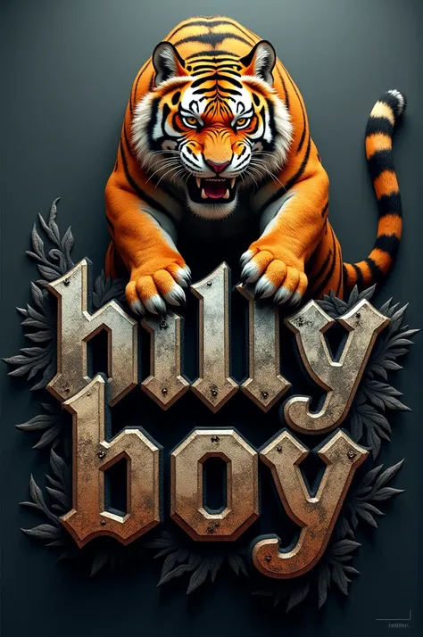 A 3D illustration with the text Billy Boy in bold, rugged metallic lettering resembling forged steel. The letters are adorned with sharp, claw-like patterns and powerful motifs that evoke strength and intensity. A fierce and muscular tiger, with vivid oran...