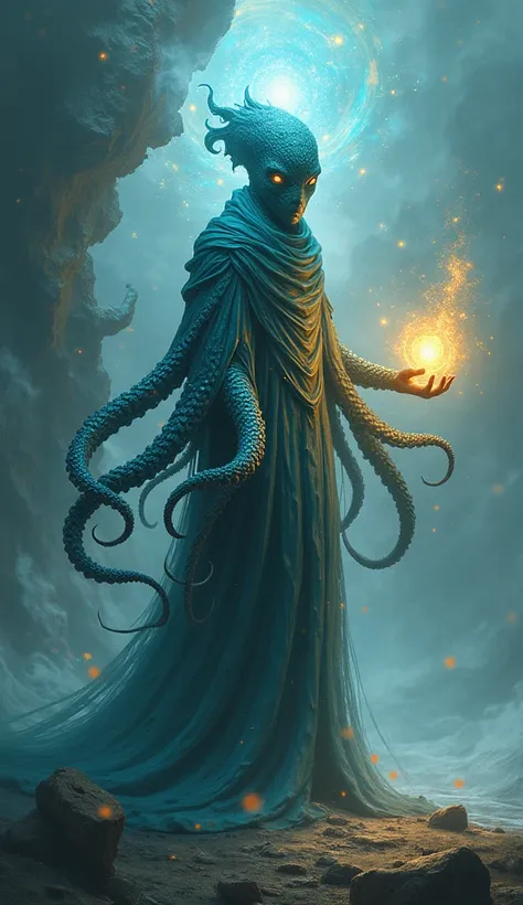 Octopus-Human Sorcerer: A mysterious character with octopus tentacles for arms, a shimmering cloak, and magical orbs floating around them.