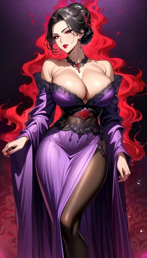 Women, adult, milf, wife, detail face, hair bun, red eyes, graceful, black hair, chest, waist, butt, long legs, cleavage, black stockings, mature beautiful woman, red lips, pretty, Purple hanfu, red and black aura, noble 