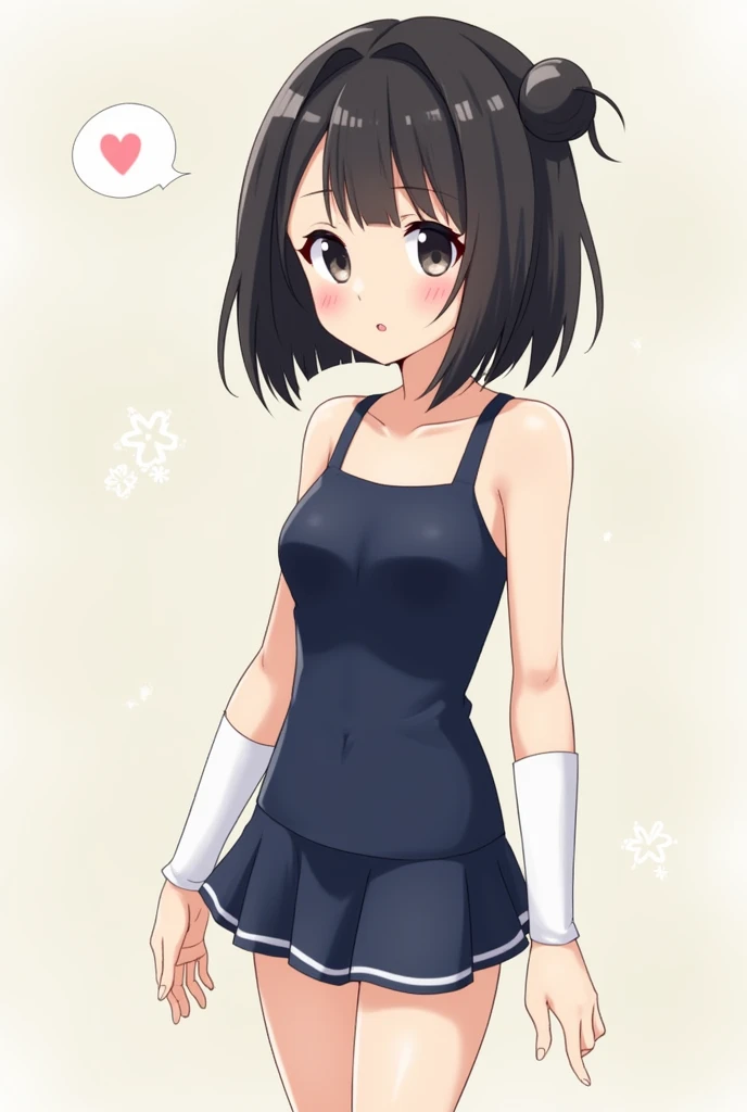 cute, girl, , 6th elementary school student, black hair, Bob- Half up-short ponytail, dark blue school swimsuit, white knee-high socks, medium bust, (((shiny skin))), blush, smile