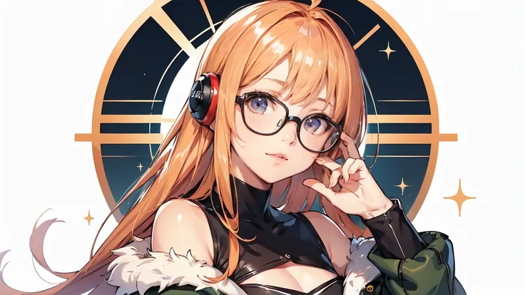 Muste Peace, Best Quality, High resolution, 1 girl, Sakura, Straight bangs, Glasses, Black framed glasses, Ahoge,orange color hair、 Small breasts Purple eyes、 Glasses, Headphones, A jacket is a jacket, Off the shoulder, fur trim, Fur jacket, Green jacket, ...