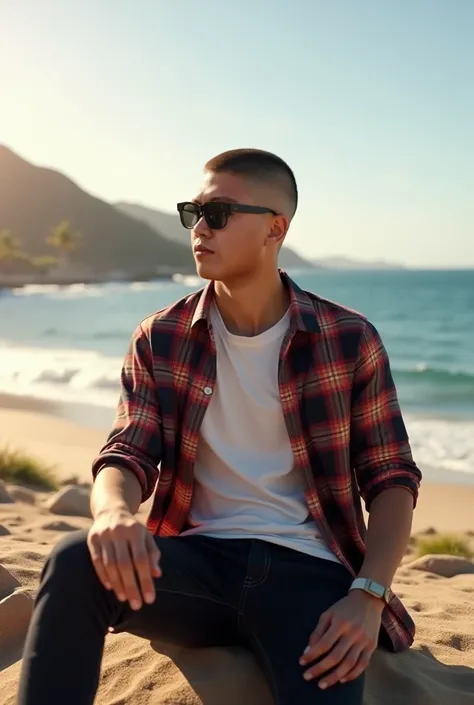 plaid, t shirt, male, style, stylish, buzzcut, Ray tracing color, far view, sitting at parola beach