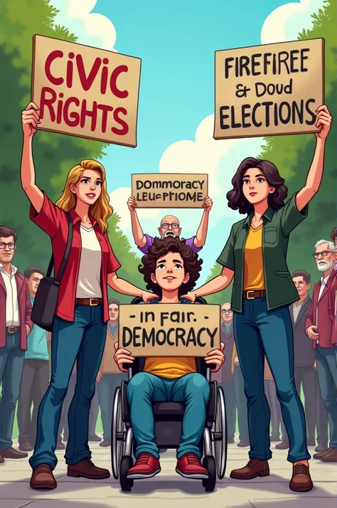 Cartoon image of a handicap young man sitting on a wheelchair and showing a poster. On the poster was the words "Civic Rights". Beside him was a lady standing with another poster with the worst "Democracy". At the back was an old man with another poster sa...