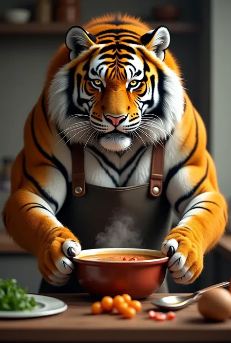 A hybrid with the commanding head of a Siberian tiger, eyes glowing with fierce intelligence and a thick mane, combined with the strong, muscular build of a bodybuilder. The tiger chef serves borscht, its powerful paws effortlessly handling large soup pots...