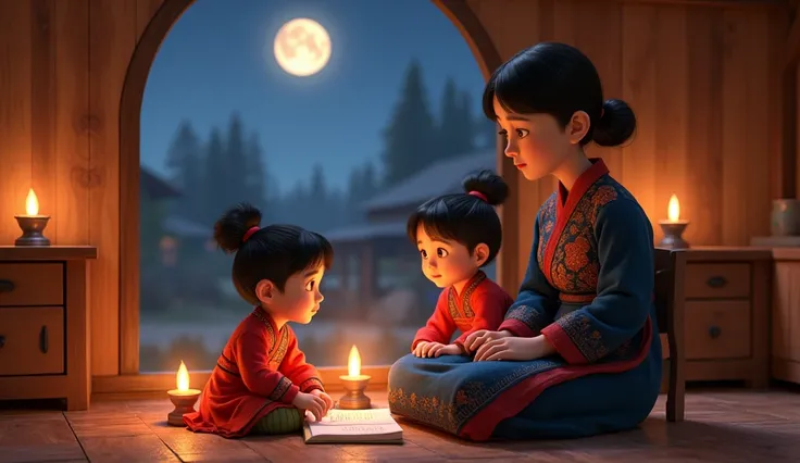  Inside a wooden Mongolian ethnic floor house ,  warm oil light spreading throughout the space .  Mother about 32 years old ,  black hair with low bun ,  wearing indigo blue brocade ,  long black dress embroidered with a red-orange pattern ,  oval face wit...