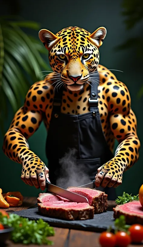 A hybrid chef with the exotic head of a jaguar, its sharp eyes gleaming with vitality, and a robust, muscular human body. The jaguar chef expertly carves picanha (grilled beef), flexing its muscular arms as it serves the dish, while the deep jungle greens ...