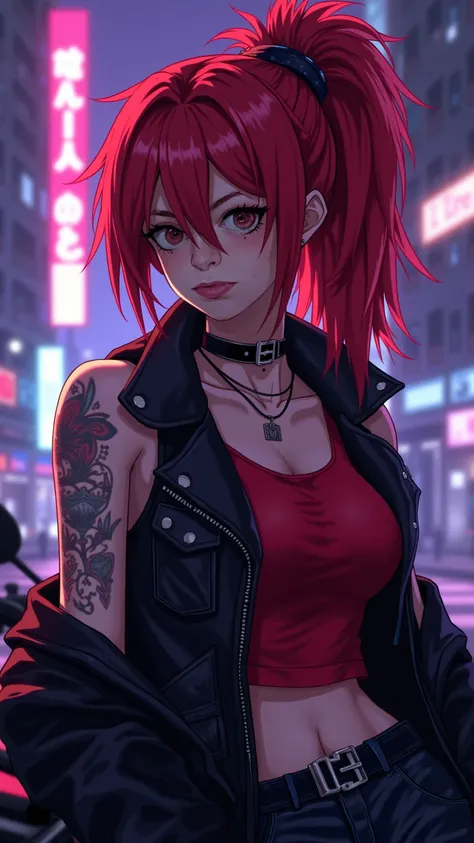 90s dark anime punk girl An urban city in the background illuminates her. She wears a leather vest over a red tank top and a choker necklace. She leans against a cyber motorcycle and a cheeky smile. There is an overall purple bluish tint to the scene and i...