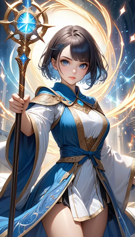 ultra-realism, fantasy art, very beautiful and young new appearance, lens flare, The beautiful wizard holding a magical staff, Assuming a defensive stance with the staff, from front, cowboy shot, look at viewer, (cute, sexy, adult), beautiful and intellect...