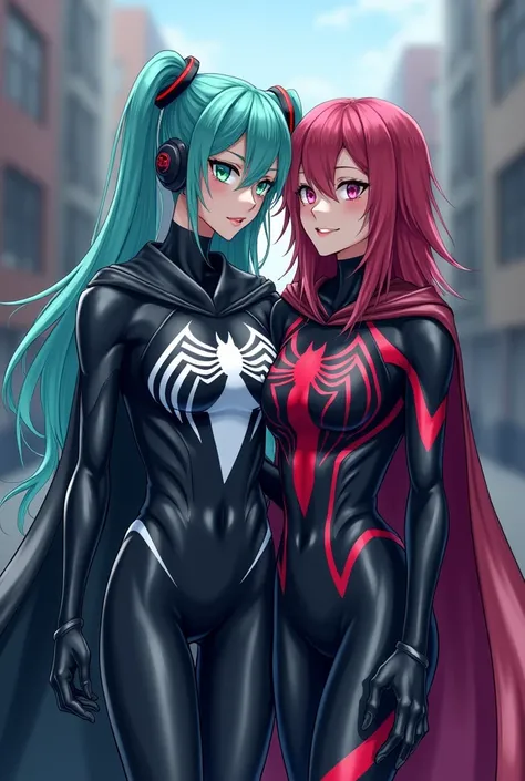 Hatsune Miku and a female high school student wearing an anime-style Venom suit 　Im drowning in the power Ive gained and Im smirking 、Posing、 She rules everything in this world 、 The bodysuit has a pattern that looks like Spider-Man 、 Hatsune Miku are wear...