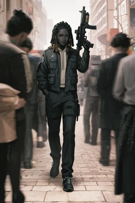 a small with black skin and dreadlocks was carrying a gun