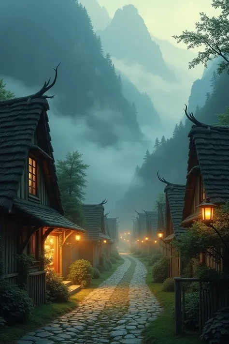 A serene village nestled in a valley, shrouded in morning mist. Cobblestone streets wind through rows of thatched-roof cottages, each illuminated by the soft golden light of lanterns hanging from rustic wooden posts. In the distance, a dense forest rises l...