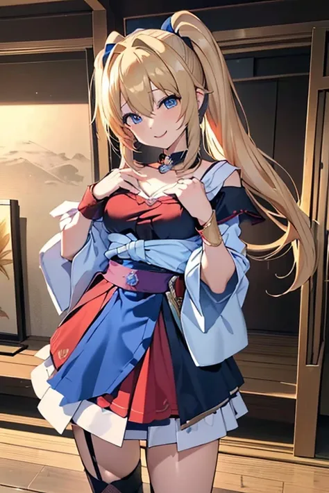 最 High Quality 、 highest image quality taken by Ki、​masterpiece、With a girl((18 years old、Black and red dress、 best bust 、、Blonde、poneyTail、silverblue Eyes 、 open their chest wide 、 On、 happy、smile、 Gold Accessory 、I&#39;m a little drunk、 wine glass、 sits ...