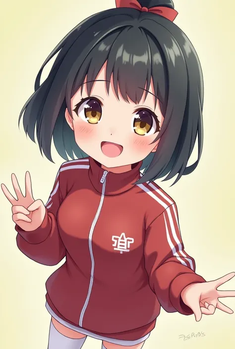 cute, girl, , 6th elementary school student, black hair, Bob- Half up-short ponytail, school track suit, white knee-high socks, medium bust, (((shiny skin))), blush, smile