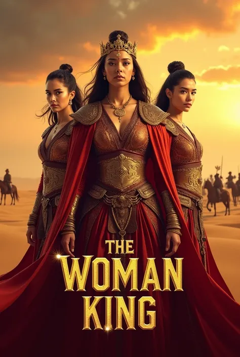 Create a poster for the movie "The Woman King" with Viola Davis in Gina Prince
The poster has a historical, action style, with cultural and feminist elements. The poster focuses on three strong female warriors, along with a vast desert setting and a majest...