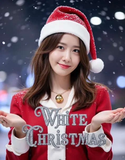 Looking at viewer Writing  decoration silver and black Italic letter, "White Christmas", writing bottom screen,  X mas gold bell small neck less,  face close up ,open hands, 1 female , name is Yoona Makina,  (brown middle hair, brown eye ,smile),  Santa Cl...