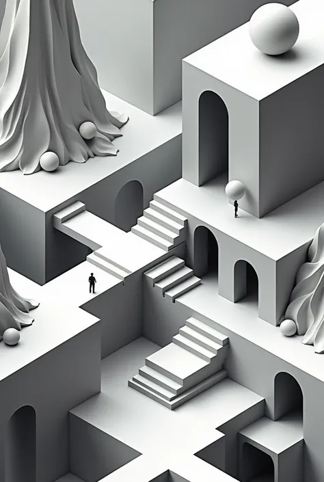 Generate an isometric image similar to the graphics of the game Monument Valley in black and white with shadows