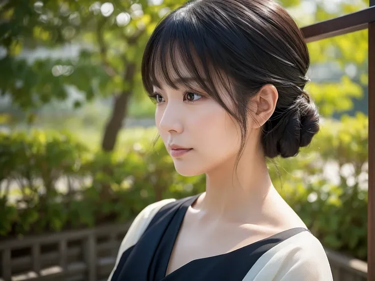 A close-up of a beautiful 50-year-old Japanese woman wearing a traditional black mourning dress (Mourning clothes). Her face is calm and serene, softly illuminated by gentle natural light, highlighting her smooth skin and elegant features. Her hair is neat...