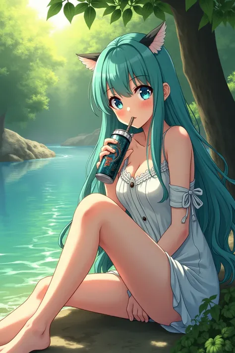 The character from the anime Dr. .stone:   Gen Asagiri in a genderbend version drinking a soda on the bank of a river